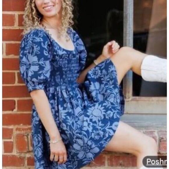 Free People Delilah Mini Dress XS Blue Floral Puff Sleeve Smocked Backless New - Picture 2 of 12